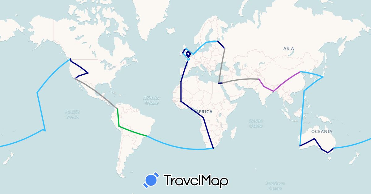 TravelMap itinerary: driving, bus, plane, train, boat in Australia, Brazil, Canada, Republic of the Congo, China, Colombia, Egypt, France, United Kingdom, Ireland, India, Jordan, Japan, Morocco, Mali, Netherlands, Peru, French Polynesia, Pakistan, Russia, Sweden, Taiwan, United States, South Africa (Africa, Asia, Europe, North America, Oceania, South America)